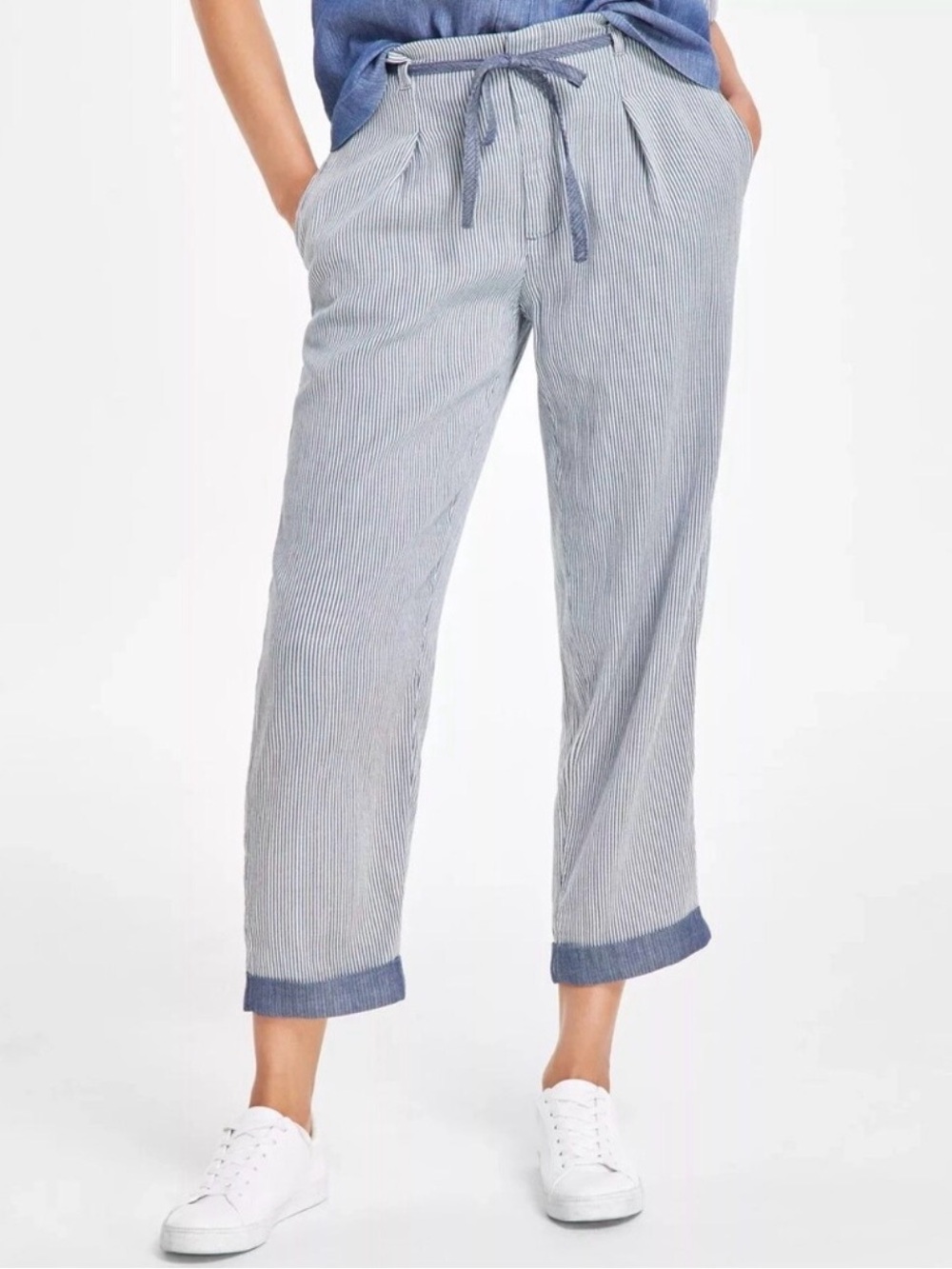 Tommy Hilfiger 100% cotton womens Blue Pinstripe Cropped Drawstring Pants